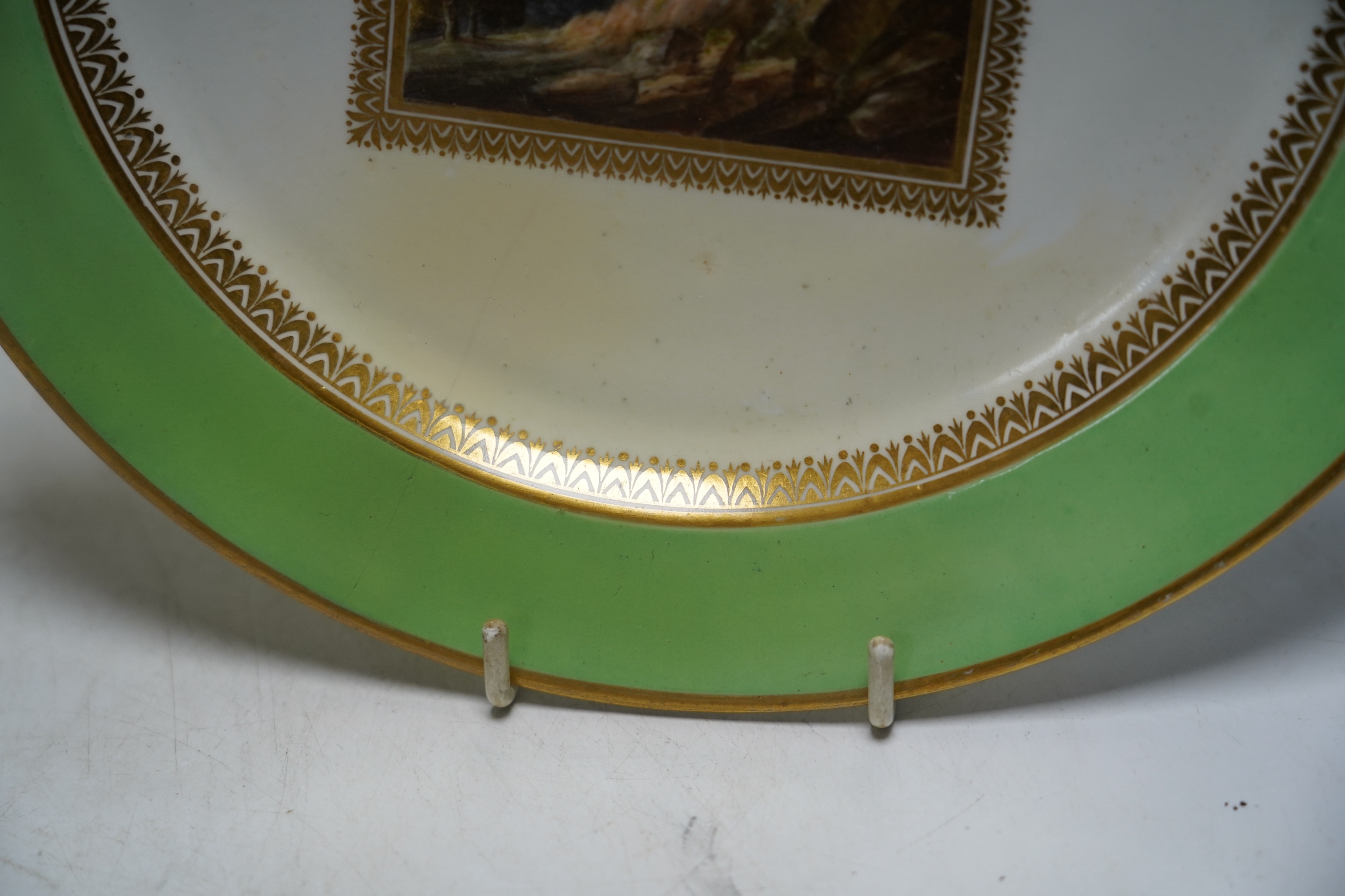 Three Derby landscape plates, attributed to George Robertson, c.1795, two decorated with Scottish scenes, the other Italian scene and a Chamberlains Imari pattern plate, 25cm (4)